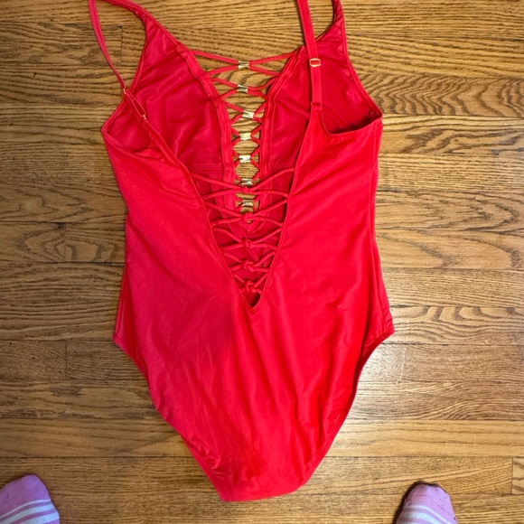 Red One-Piece Swimsuit with Strappy Detail - Picture 3 of 7